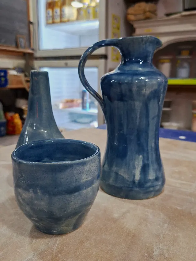 Blue Table Set — Vases ceramic sculpture, Wheel-thrown stoneware trio, gloss cobalt glaze